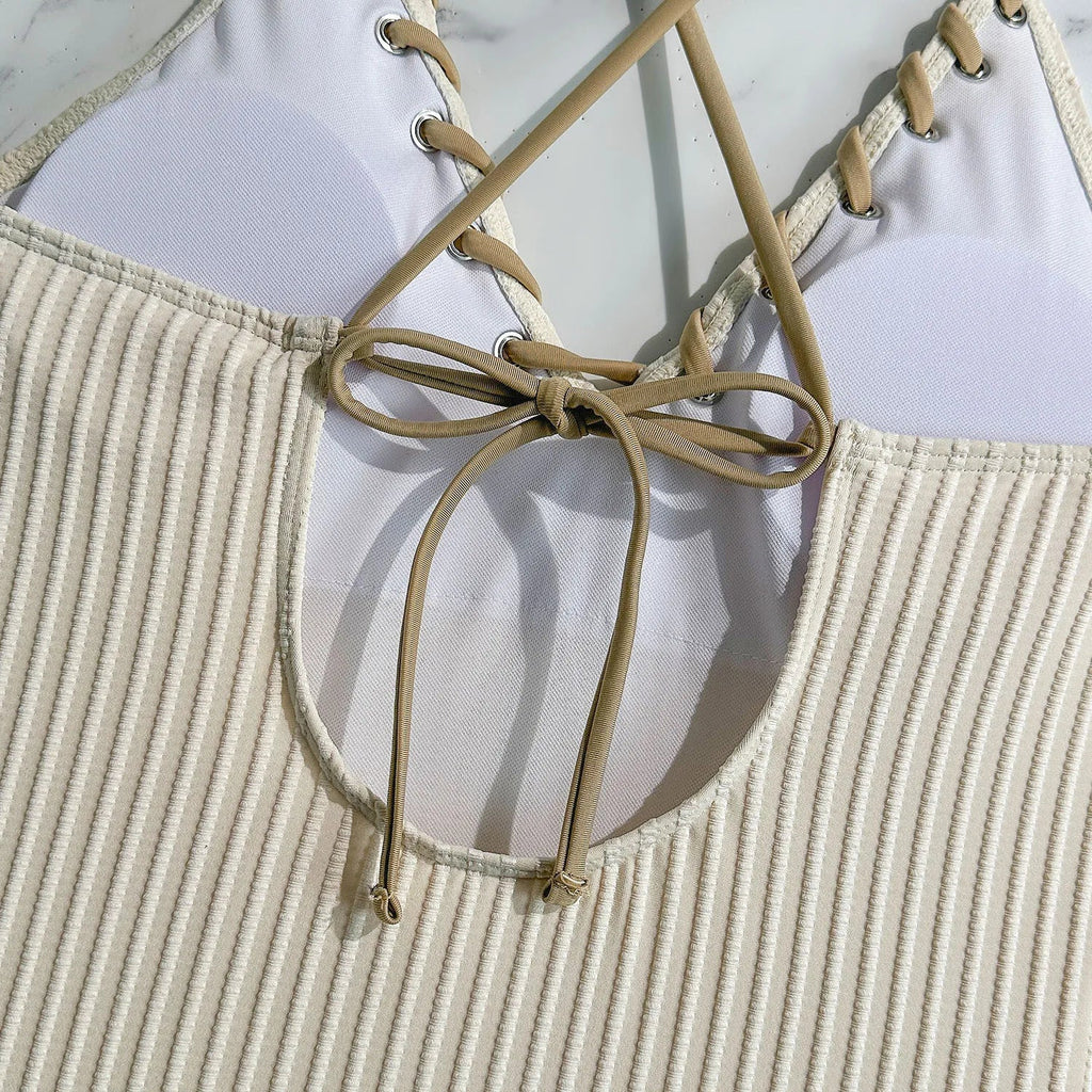 V Neck Wrinkled Ribbed Cross Backless One Piece Swimsuit Women Swimwear Female High Leg Cut Monokini Bather Bathing Suit Swim