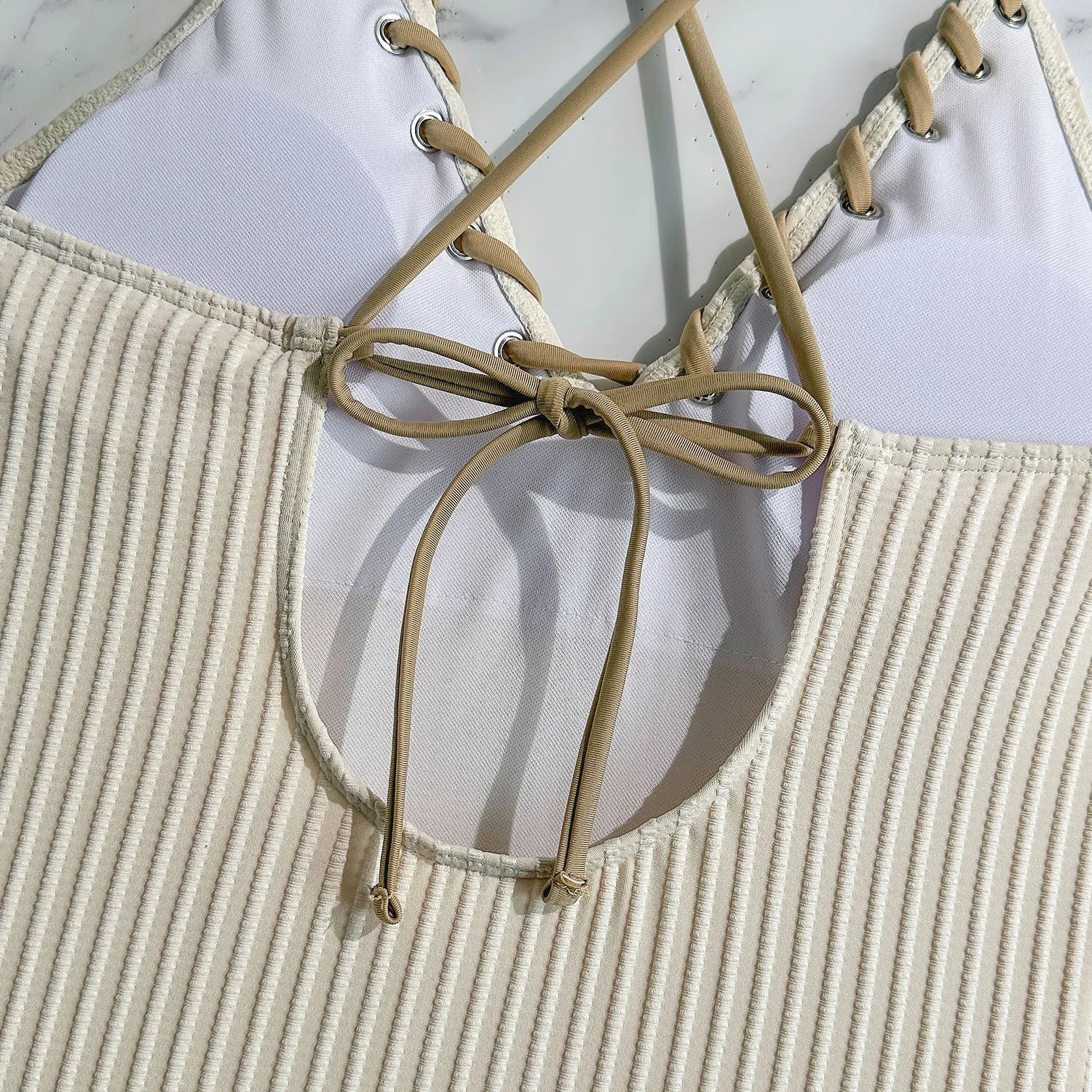 V Neck Wrinkled Ribbed Cross Backless One Piece Swimsuit Women Swimwear Female High Leg Cut Monokini Bather Bathing Suit Swim