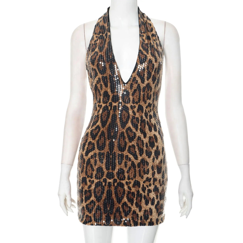 Sexy Halter Neck Off Shoulder Leopard Print Mini Dresses for Women Sleeveless Backless Sequins Skinny Party Night Club Dress