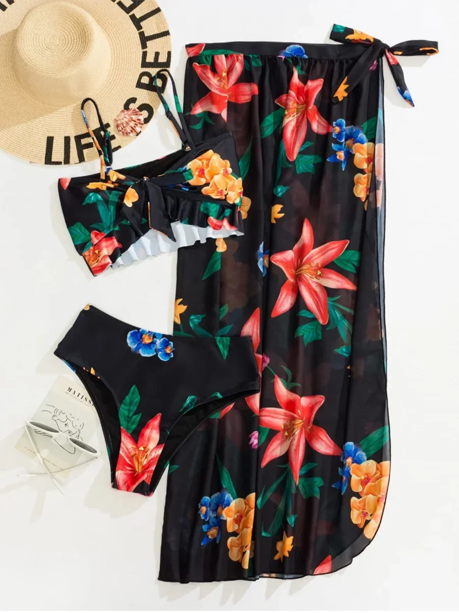 3 Pieces Floral Printed Push Up Bikinis 2026 Women Halter Swimwear Female Sexy Swimsuit & Beach Dress Bathing Swimming Swim Suit