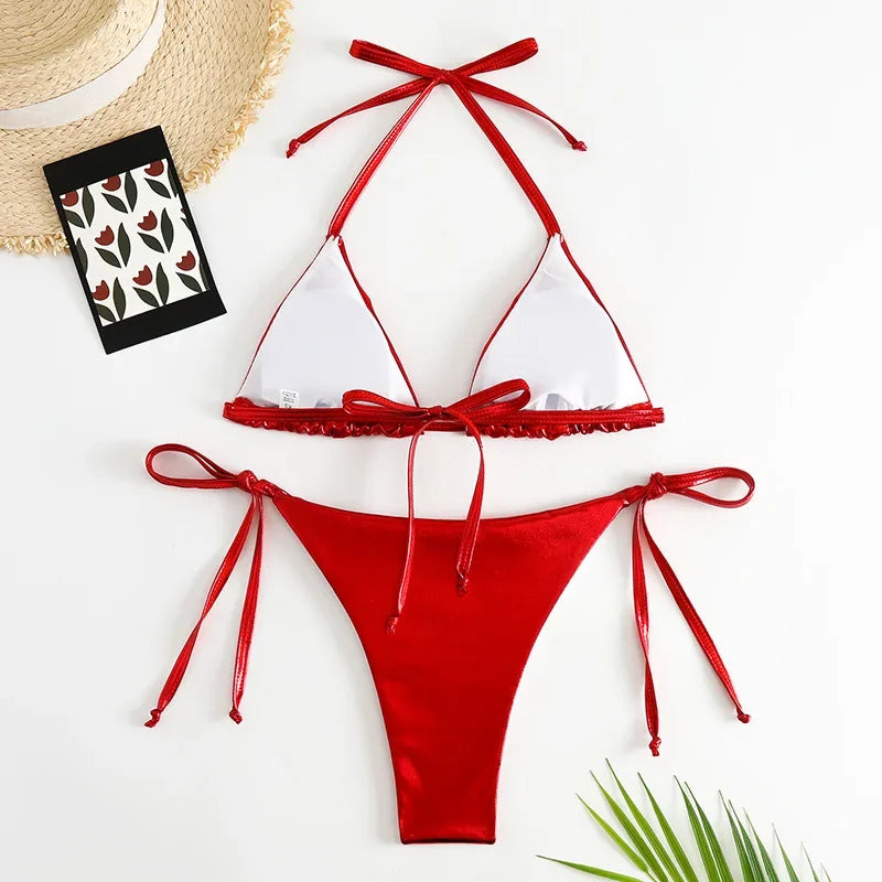 Sexy Shiny Pu Faux Leather Bikini 2025 Women Swimwear Female Swimsuit Two-pieces Bikini set String Bather Bathing Suit Swim Lady