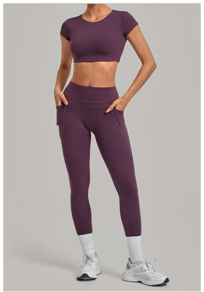 Women's Seamless Yoga Sets Sports Running High Waist Hip-lifting Pants Backless Short-sleeve Suits Workout Fitness Leggings Sets