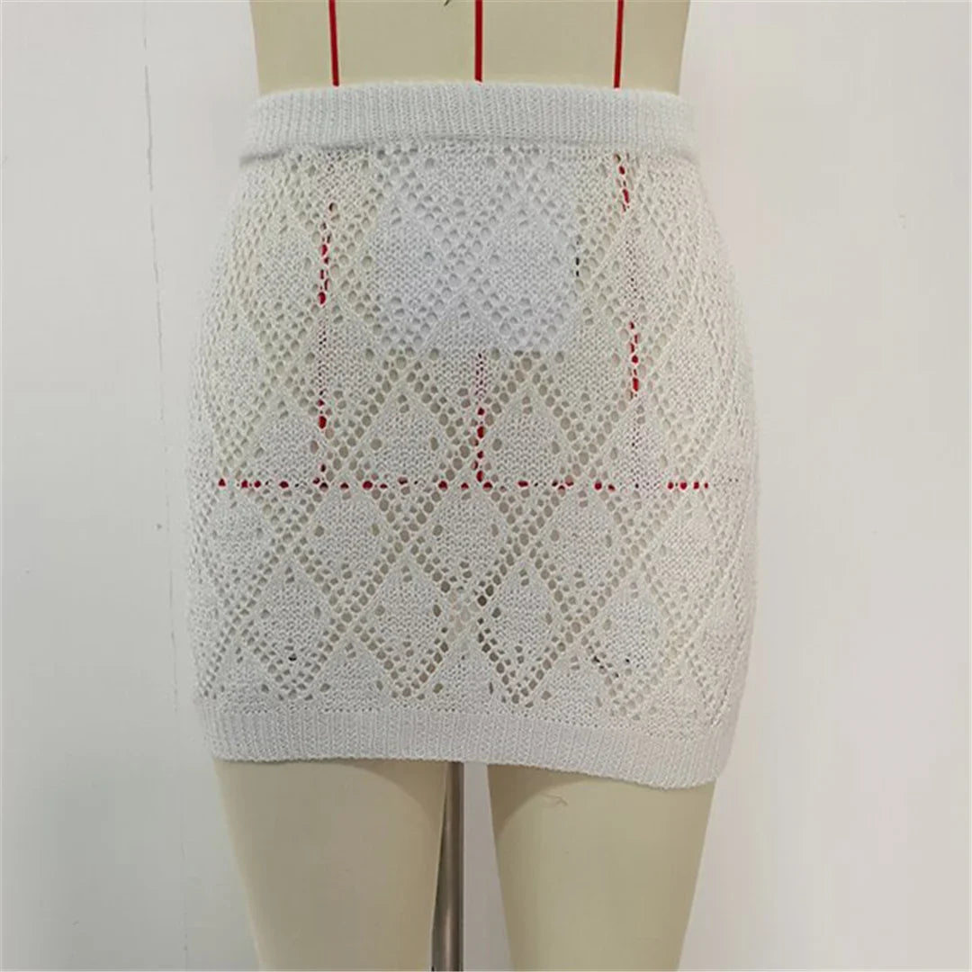 Sexy Hollow Out Crochet Knitted Tunic Beach Cover Up Cover-ups Beach Dress Beach Wear Beachwear Mini Skirt Female Women K6587