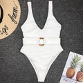 2025 White Ribbed Women Swimwear One Piece Swimsuit Female Bather Sexy High Cut Monokini Rings Belt Bathing Suit Swim Bodysuit
