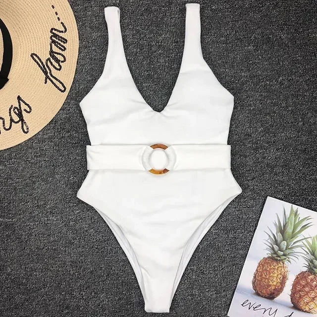 2025 White Ribbed Women Swimwear One Piece Swimsuit Female Bather Sexy High Cut Monokini Rings Belt Bathing Suit Swim Bodysuit