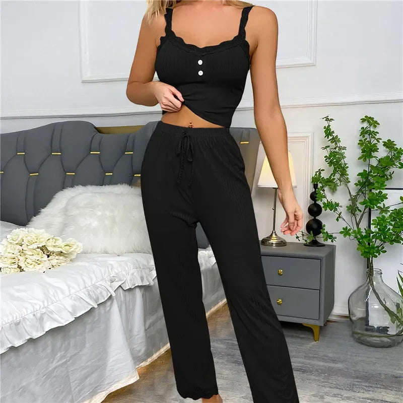 Women Sleepwear Lace Suspenders Tops and Long Trousers Set Two Pieces Pajamas Set Comfortable Loungewear Home Clothes
