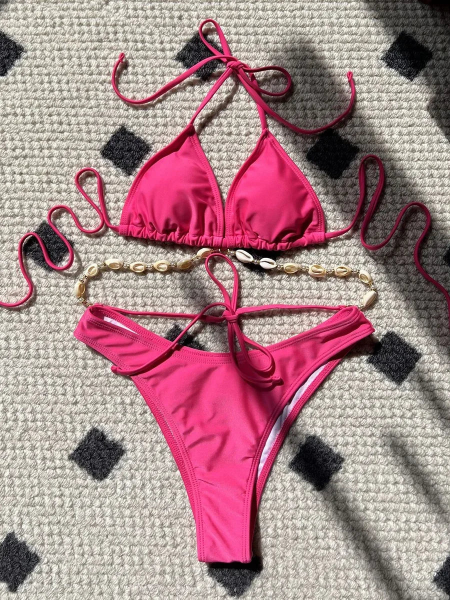 Halter Wrap Around Shell Decorated Bikini Women Swimwear Female Swimsuit Two Pieces Bikini Set Bathing Swimming Swim Suit Swim