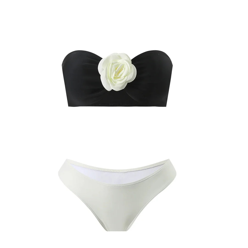 Sexy 3D Flowers Bandeau With Skirt Bikini Female Swimsuit Women Swimwear Three-Pieces Bikini Set Bather Bathing Suit Swim V5706