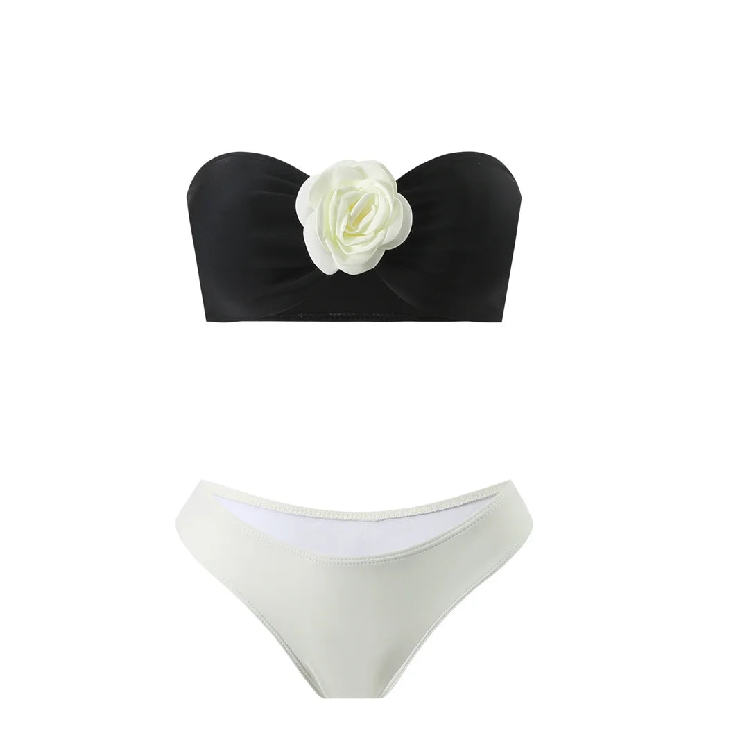 Sexy 3D Flowers Bandeau With Skirt Bikini Female Swimsuit Women Swimwear Three-Pieces Bikini Set Bather Bathing Suit Swim V5706