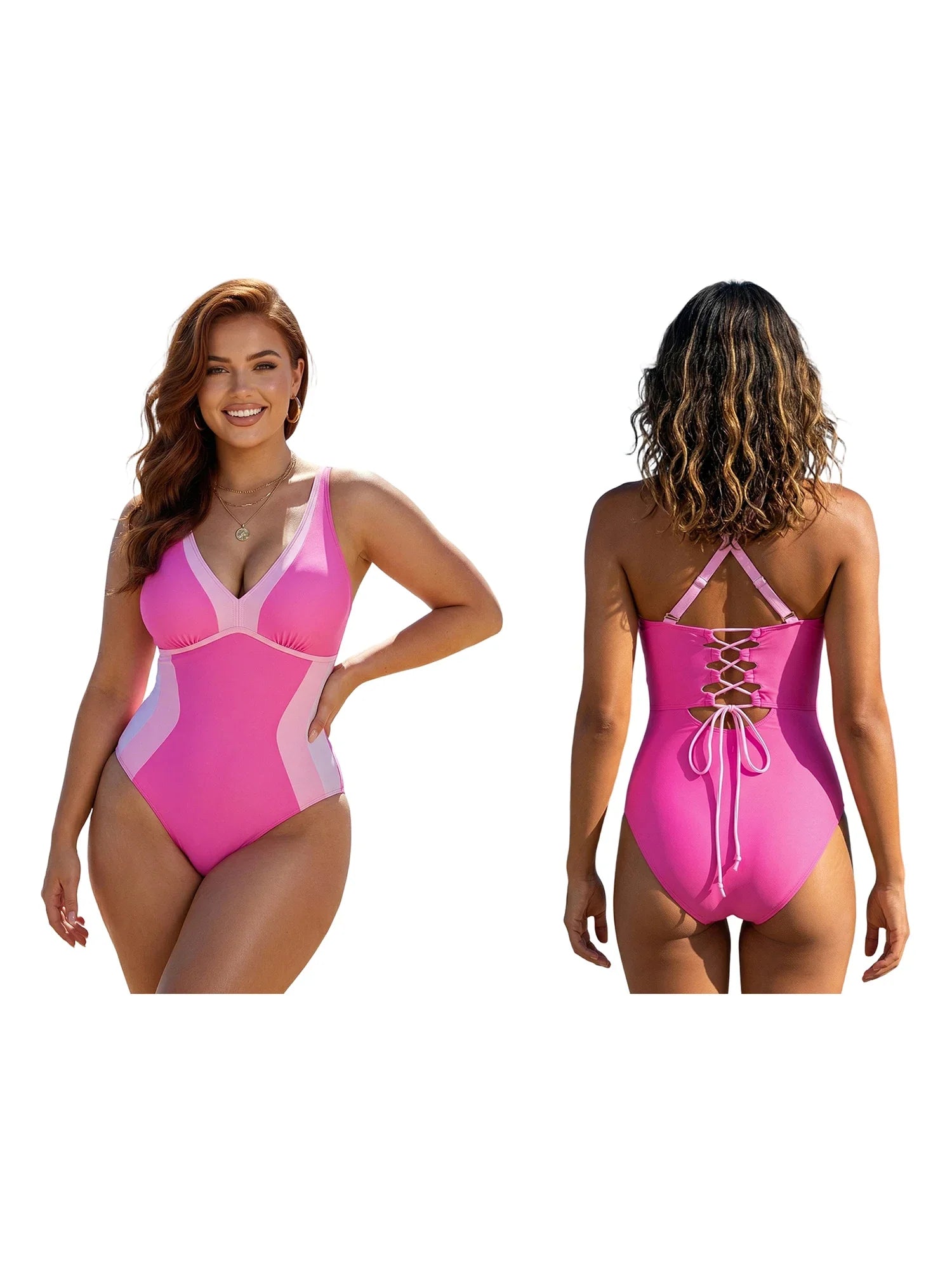 Women Summer Monokini Swimsuit Contrast Colors V-Neck Tie Back Sleeveless Jumpsuit Swimwear for Beachwear Bathing Suits