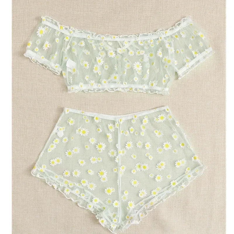 Mesh Floral Printed Off Shoulder 2Pcs Lingerie Set for Women Sexy Underwear Transparent Tops+Shorts Panties Exotic Sets