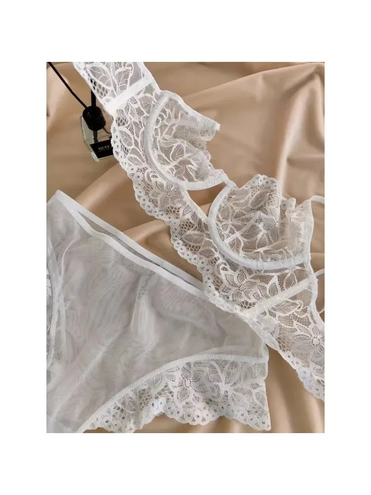 MOYISU French temptation lace big boobs small bra underwear ultra thin set transparent white sensory pure desire underwear