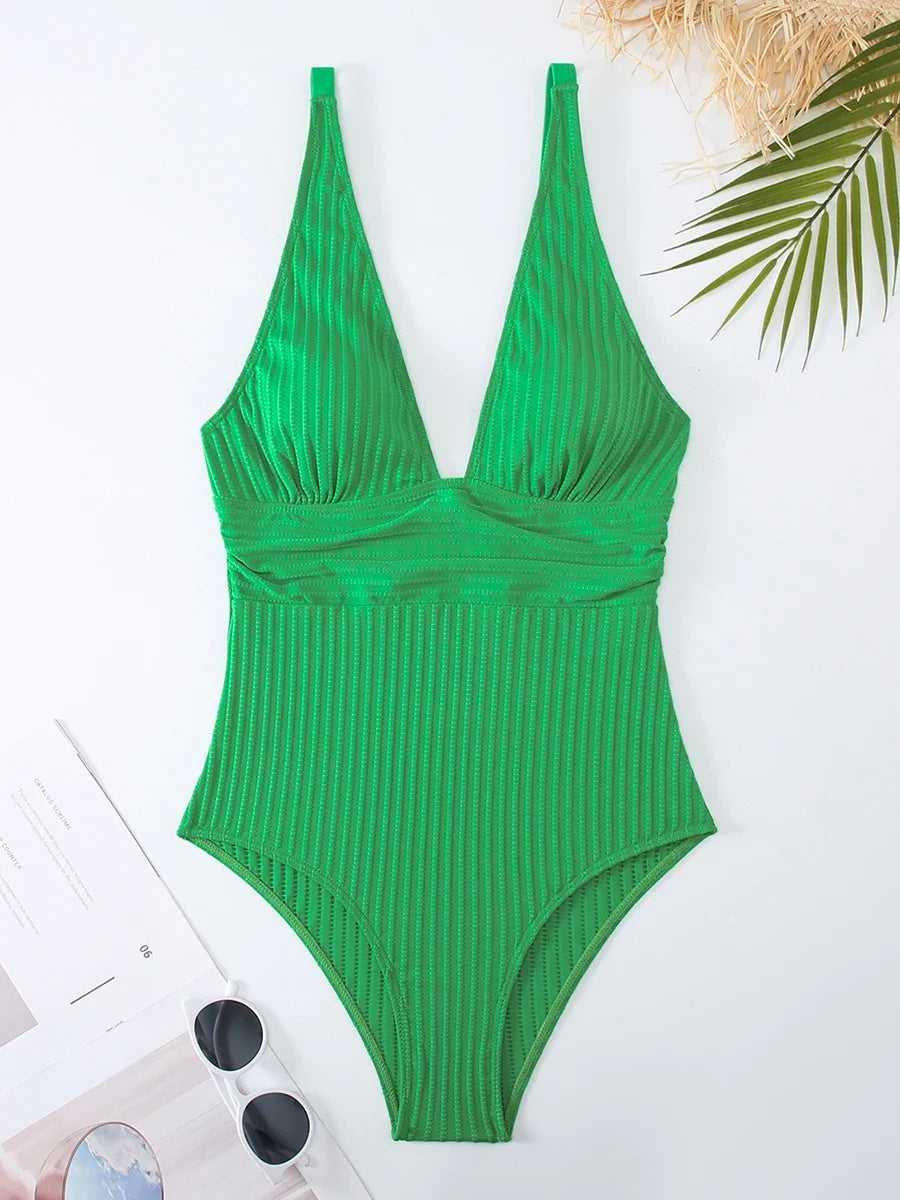 2026 V Neck Swimsuit One Piece Solid Vintage Swimwear Women One-piece Bathing Suit Female Padded Beach Wear Swimming Beachwear