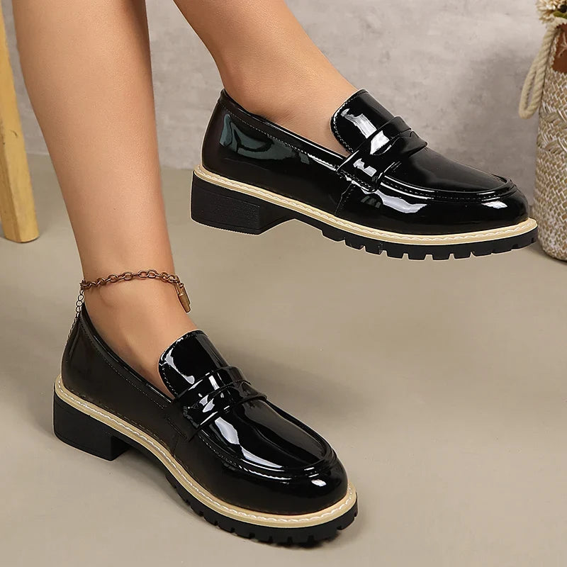 Patent Leather Thick Heels Loafers Women Spring New Mixed Color Med Heel Office Pumps Woman Plus Size 43 Slip On Single Shoes