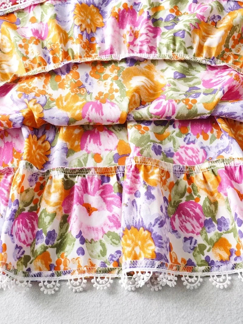 V Neck Bowknot Floral Print Boho Summer New Dress for Women Adjustable Strap Lace Patchwork Sundress Beach Casual Short Dress