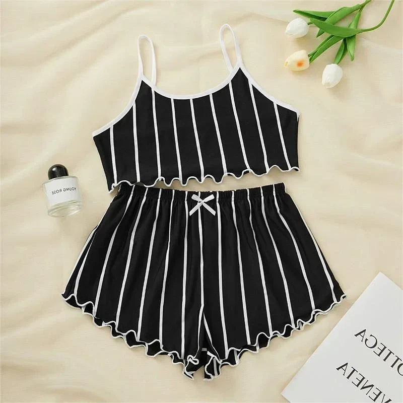 Summer Casual Pajamas Set for Women Sleepwear Sexy Lingerie Sleeveless Striped Tank Top Vest + Shorts Set Pijamas Homewear