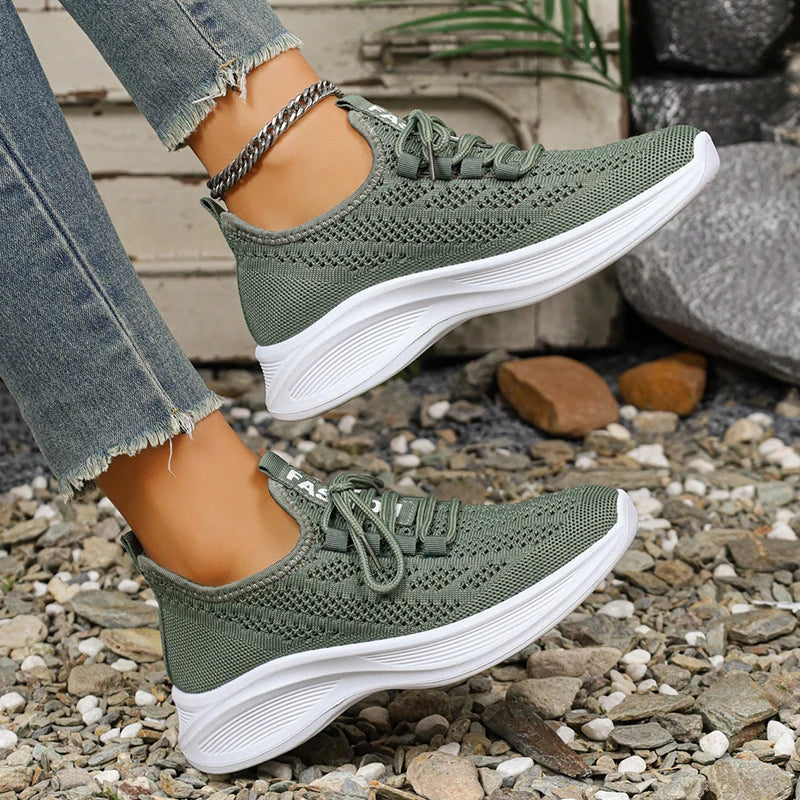 Spring Summer Breathable Mesh Sport Shoes Women Slip On Hollow Out Knitted Flats Shoes Woman Plus Size 43 Thick Sole Sneakers