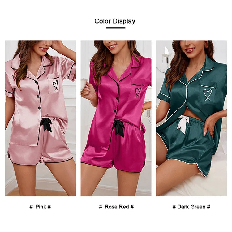 Women's Pajama Lounge Set Summer Heart Embroidered Pocket Patched Short Sleeve Shirt & Shorts Pajamas 2 Piece Set Pyjama Femme