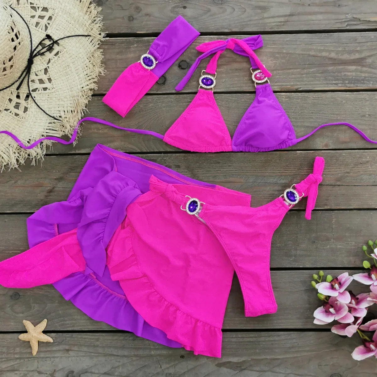 Sexy Skirt 4 Pieces Bikini Set Women Luxury Blue Patchwork Rhinestone Push Up Cover Up Swimsuit 2024 Beach Bathing Suit Swimwear