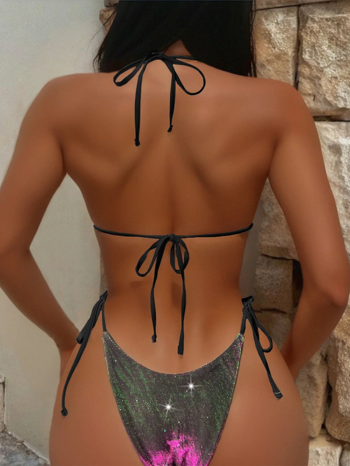 sexy giltter gradient purple string micro halter bikinis sets two pieces 2024 women thong tie swimsuit bathing suit swimwear