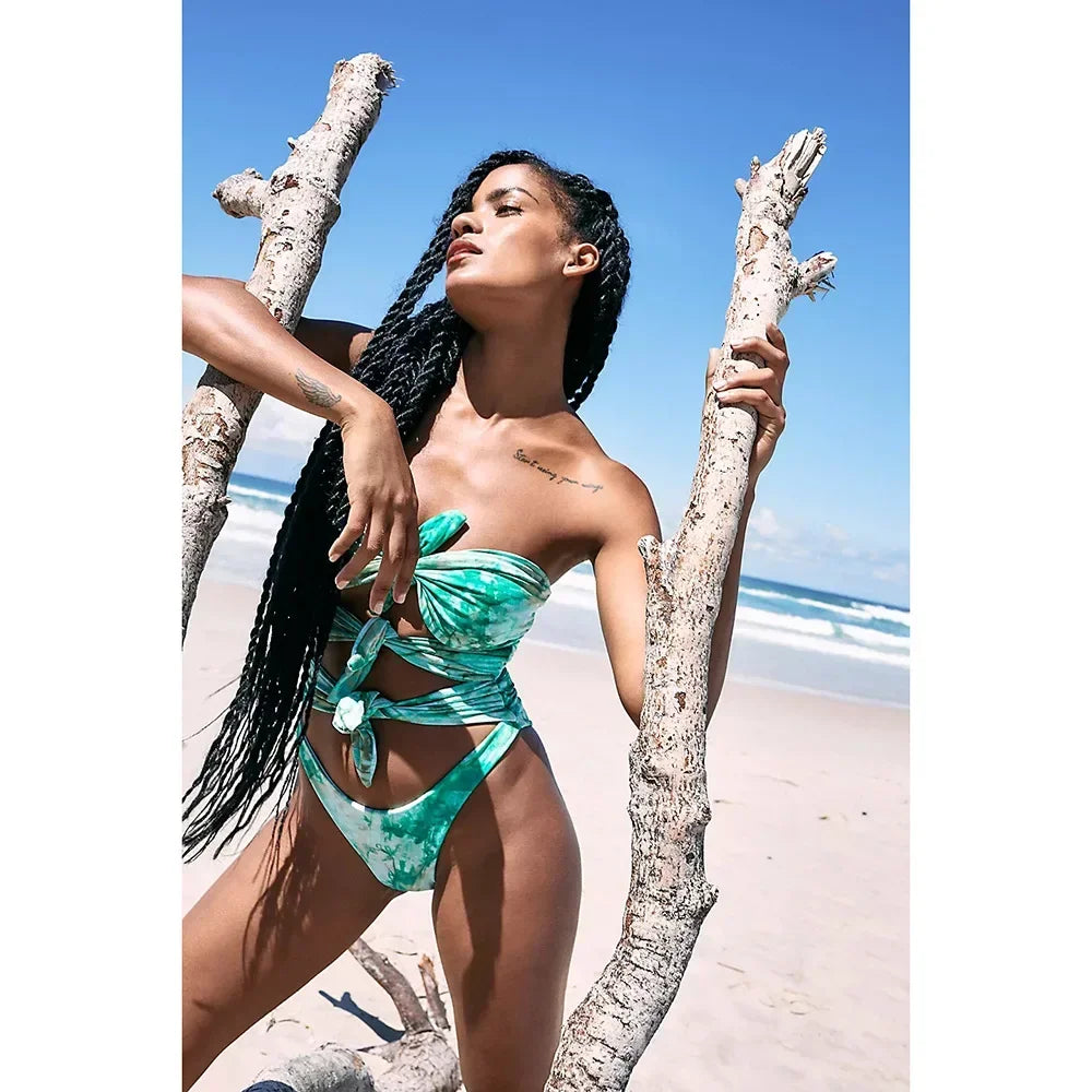 2026 Sexy One Piece Swimsuit Swimwear Women Double Sided Green Print Hollow Knotted Bathing Suit Beachwear Trajes De Bano Mujer
