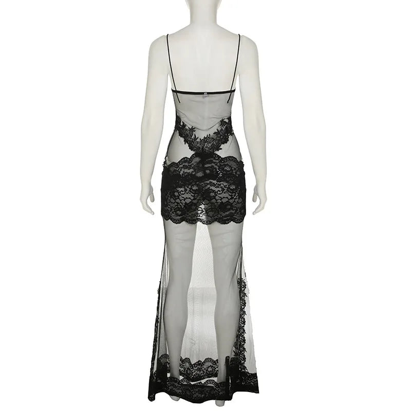 FDYOUI Sexy Lace Patchwork Mesh Long Dress Women Spaghetti Strap See-through Evening Party Dresses White Black Night Club Outfit