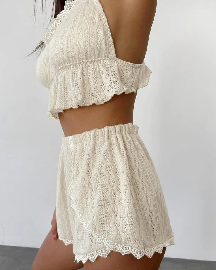 Lace Trim Ruffle Hem U-Neck Strap Cable Textured Cami & Casual Shorts Loungewear Summer Pajamas Set Women Sleepwear