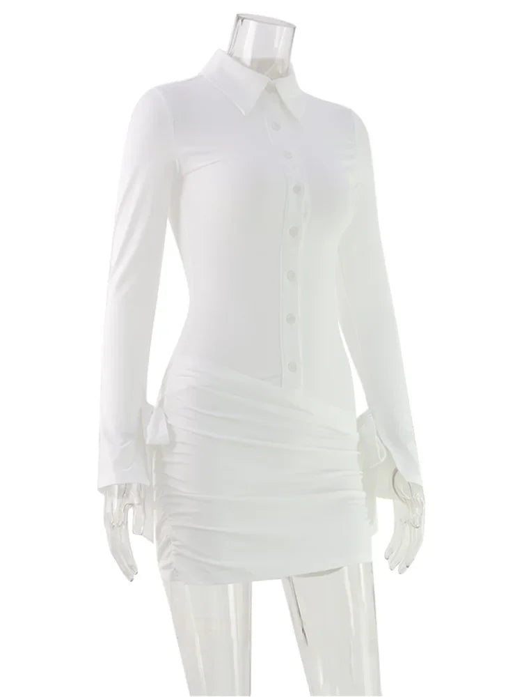 Ahagagg Fashion Dresses For Women Solid Turn Down Collar Single Breasted Regular Long Sleeves Sheath Slim Fit Female Elegant