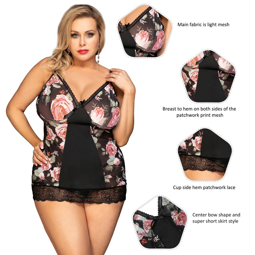 Sexy Women Mesh Printed Honeymoon Nightgown Lace Trim Adjustable Strap Sleep Dress Sheer Black Chemise Lingerie XS-L With Thong