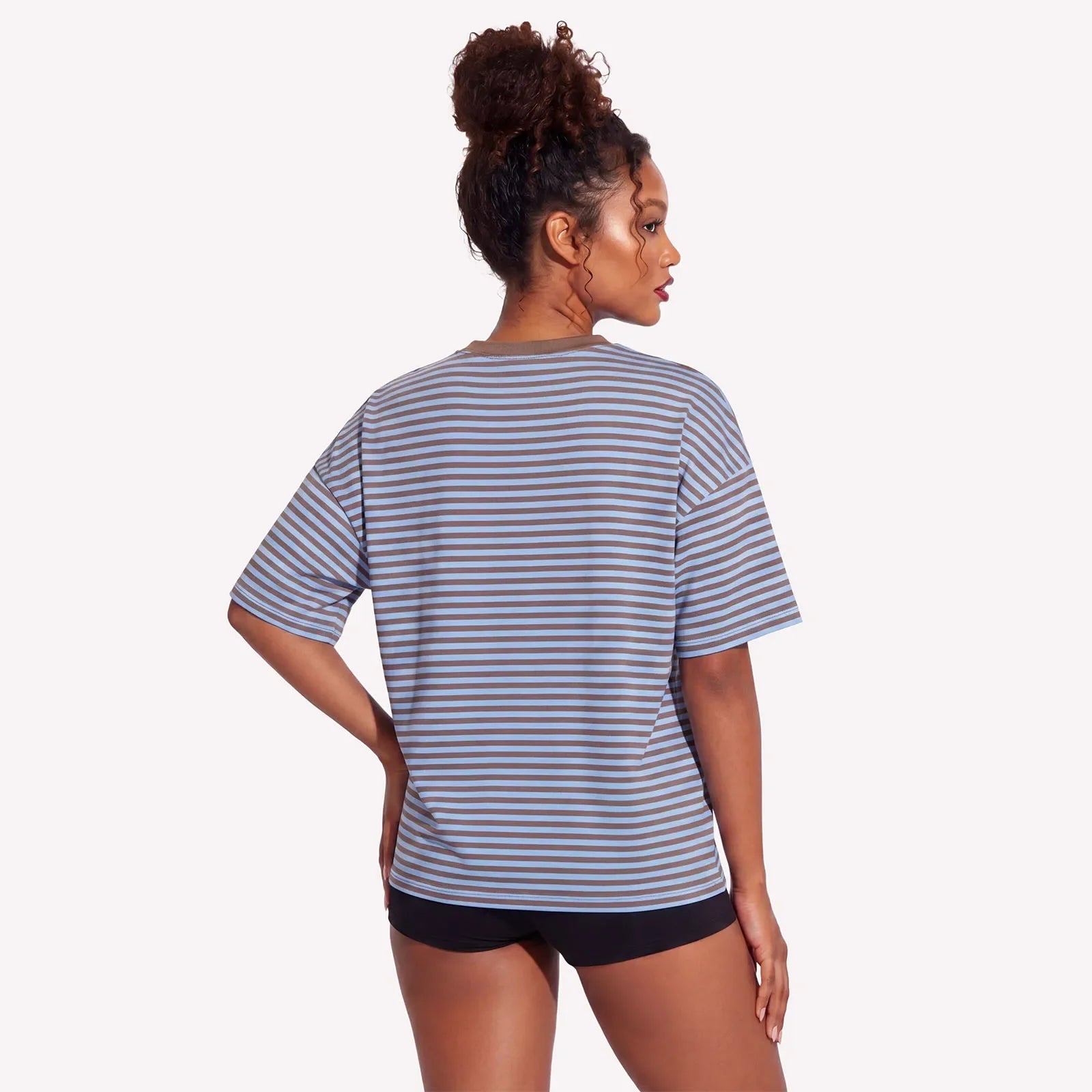 Summer Women's Loose T-shirt Casual Stylish Striped Crew Neck Short Sleeve Drop Shoulder Tee Tops