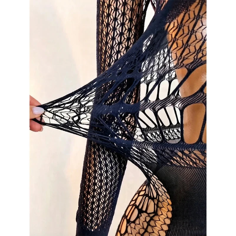 Women Sheer Mesh Long Sleeve Beach Cover Up, Sexy See-Through Fishnet Dress, Solid Bodycon Dress For Summer Beach Party