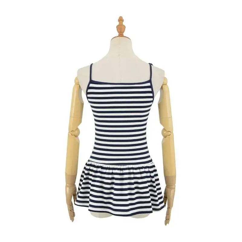 Sweet Double-shoulder Strap Striped Color-block Camisole For Women Unique Design Patchwork Pure Desire Dress Elegant Casual WIKO