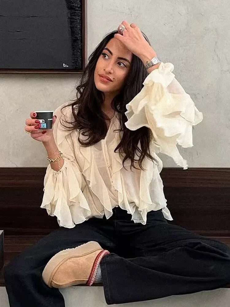 Foridol Ruffles Tiered V Neck Blouse Women Summer Spring Long Sleeve Casual Blusa Chiffon Blouses Buttons New in Female Top 2025