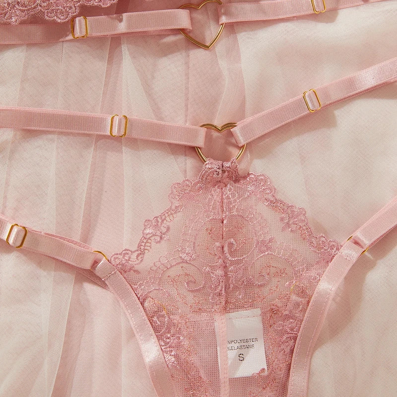 Toucheart Sexy Lingerie Comfortable Ultra-Thin Sexy Lace Printing Patchwork Mesh Semi-Transparent Push-Up Pink Underwear Set New