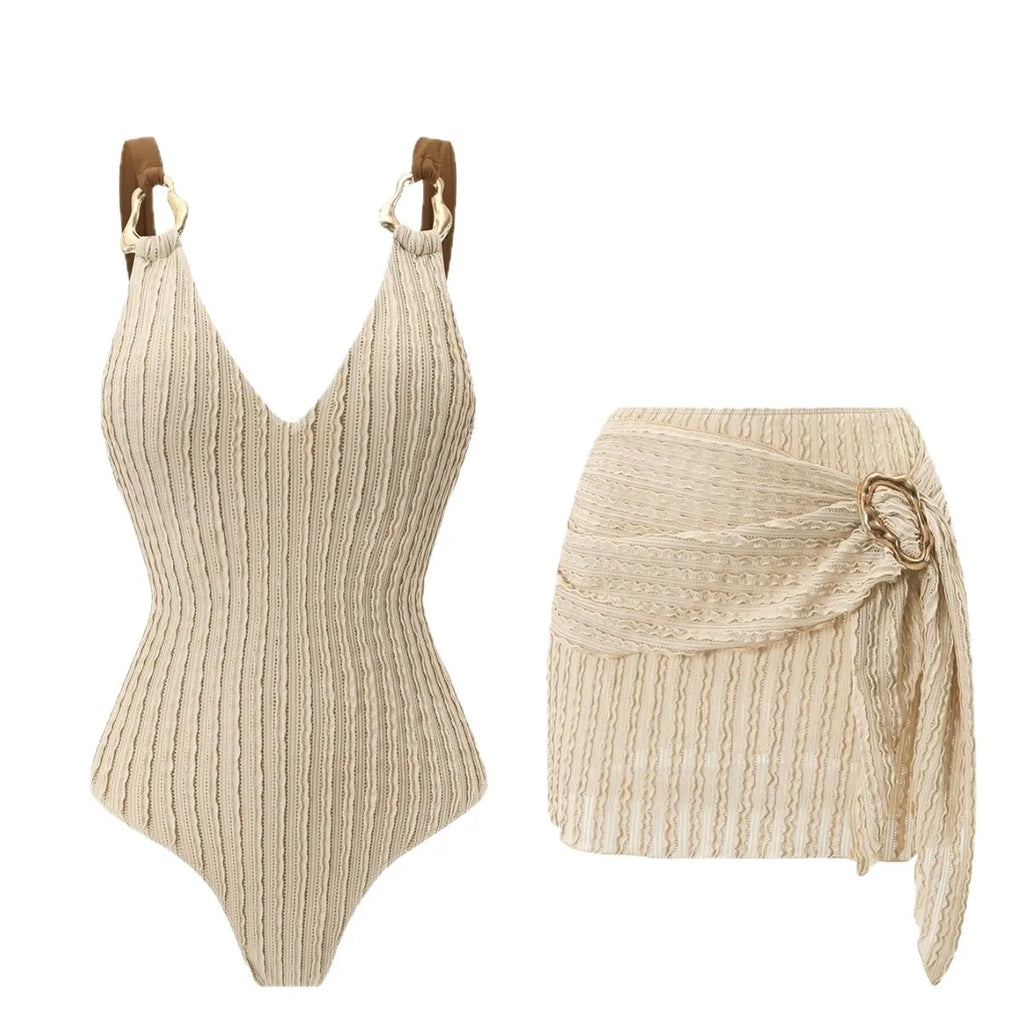 Vintage Beige Ribbed Swimwear Skirt Set Women Metal Buckle Strap V Neck Hollow Out Backless Bathing Suit One Piece Swimsuit 2026