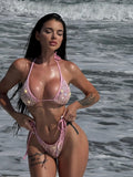 Shiny Sequin Pink Black Bikini Women Sexy Mesh Push Up Bra Tie Side Thong Swimsuit 2026 Brazilian Beach  Bathing Suit Swimwear