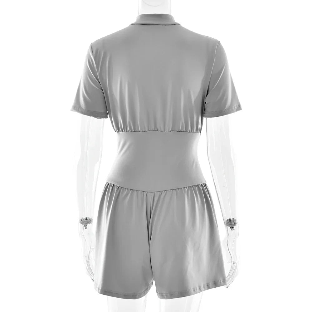 FDYOUI New 2026 Summer Zip-up Corset Playsuits Women Casual Short Sleeve Sports Fitness Overalls One Piece Tunics Yoga Bodysuit