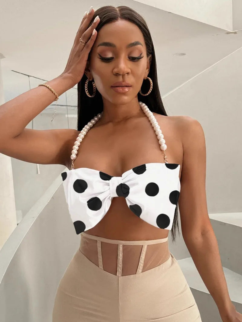 Women's Pure Desire Sexy Hot Girl Polka Dot Halter Pearl Bowknot Strap Vest Hanging Neck Pure Desire Casaul Style Vest IFQ9