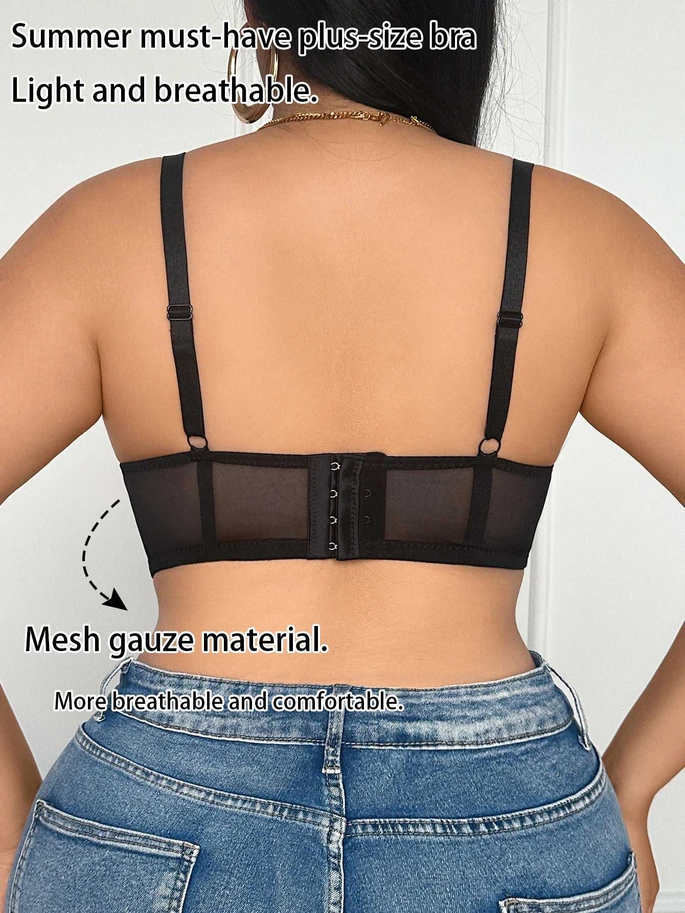 Plus Size Women's B C D Thin Cup Bra Mesh Lace No Lining Gather Breast Wide Strap Underwire Breathable Sexy Lingerie