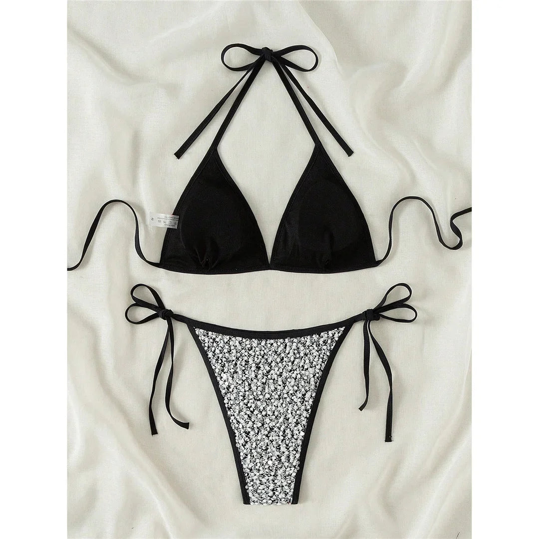 S - XL Shiny Sparkling Halter Bikini Women Swimwear Female Swimsuit Two-Pieces Bikini Set Strappy Bather Bathing Suit Swim V7523