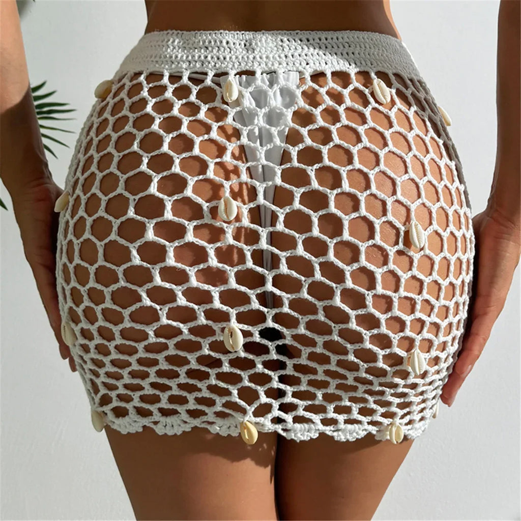Hollow Out See Through Shell Crochet Knitted Beach Skirt Cover Up Cover-ups Beach Dress Beach Wear Beachwear Female Women V6479