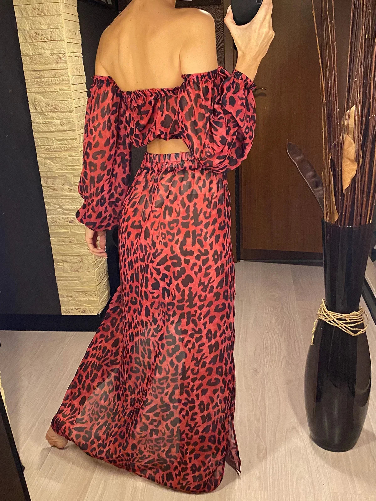2026 Leopard Off Shoulder Long Sleeve 2 Pieces Set Beach Cover Up Cover-ups Beach Dress Beach Wear Beachwear Female Women V3728