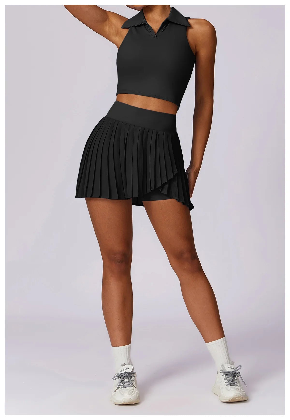 Outdoor Breathable Golf Wear Tennis Sport Sets Women Turn Down Collar Sleeveless Top Short 2 in 1 Skirt Running Fitness Set