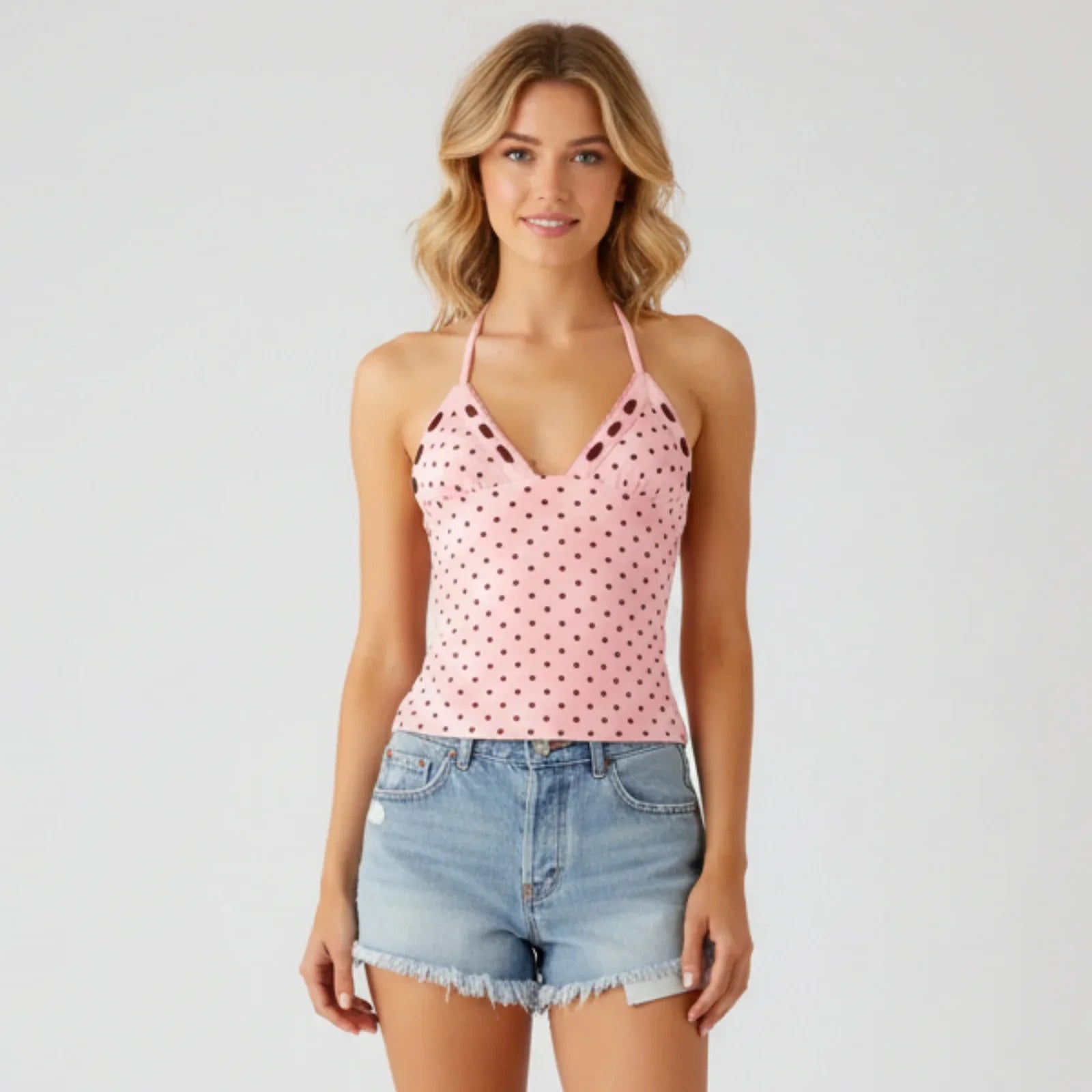 Women's Summer Halter Camis Tops Fashionable Dot Print Sleeveless Deep V Neck Open Back Vest for Party Nightclubs
