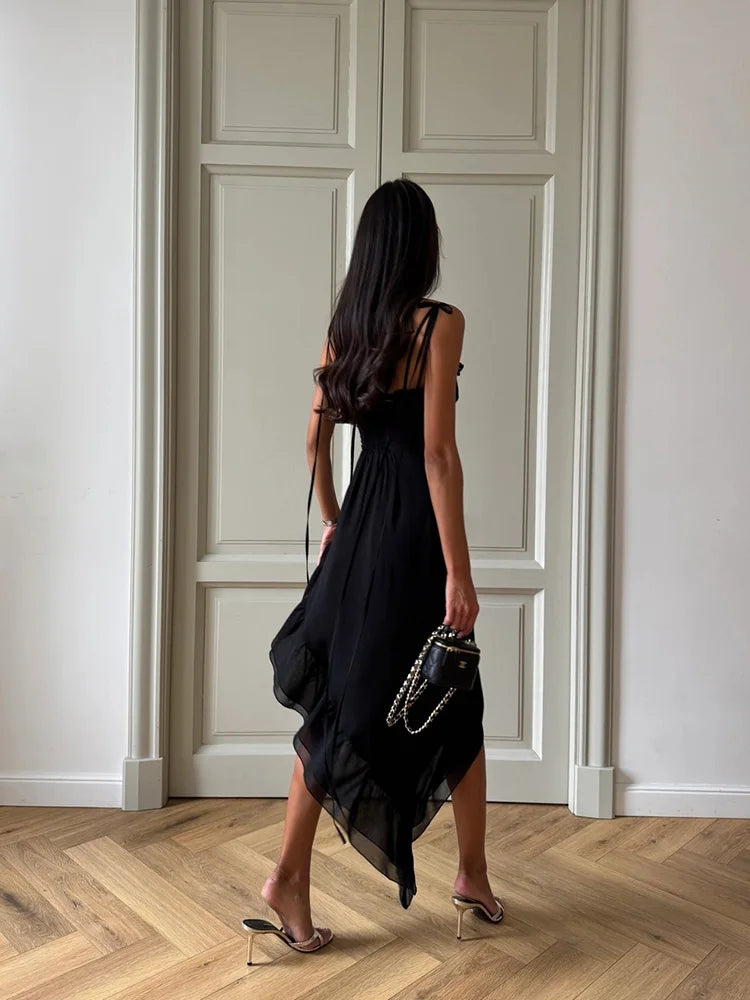 Ahagaga Fashion Women Straps Dresses Solid Square Collar Asymmetricl Bandage Slim Fit Elegant Summer Zipper Female Vestidos Robe
