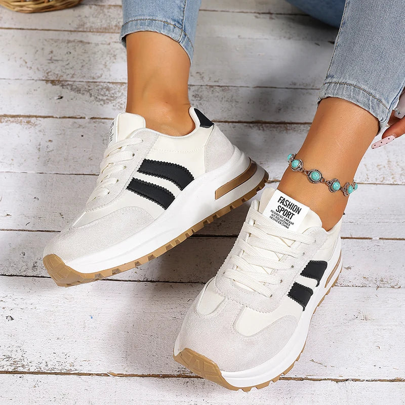Fashion Stripe Thick Bottom Sneakers Women 2026 Autumn Platform Lace Up Sport Shoes Woman Anti Slip Thick Sole Running Shoes