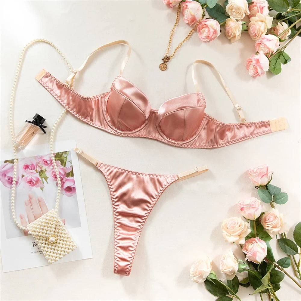 2 Pcs Sexy Bra Set Women Underwear Underwire Push Up Satin Patchwork Bras and Thongs Suits Attractive Bilizna Intimate Set