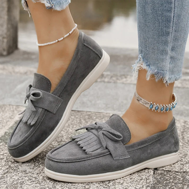 Retro Tassel Bowknot Flats Shoes Women Solid Color Faux Suede Flat Shoes Woman Wear Resistant Plus Size 36-43 Casual Shoes Lady