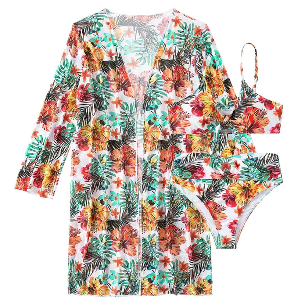 Sexy High Waisted Bikini 3 Pieces Floral Printed Swimsuit Size 3XL-S Women Bikini Set With Mesh Long-Sleeved Blouse Super Sales