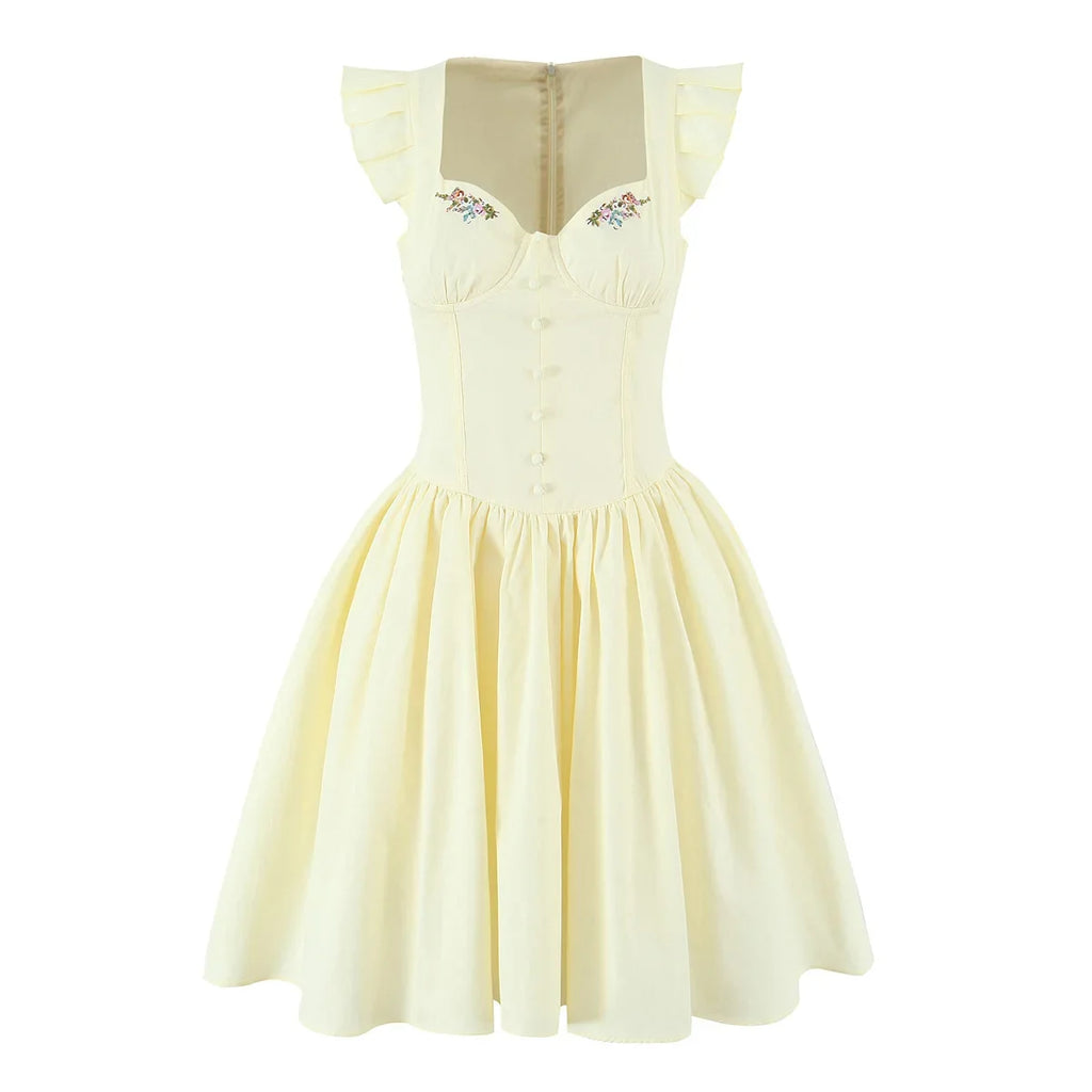 Floral Embroidery Cotton Summer Women's Dress Sleeveless Buttons Decor Short Mini Dress Elegant Yellow A-line New in Dress 2025